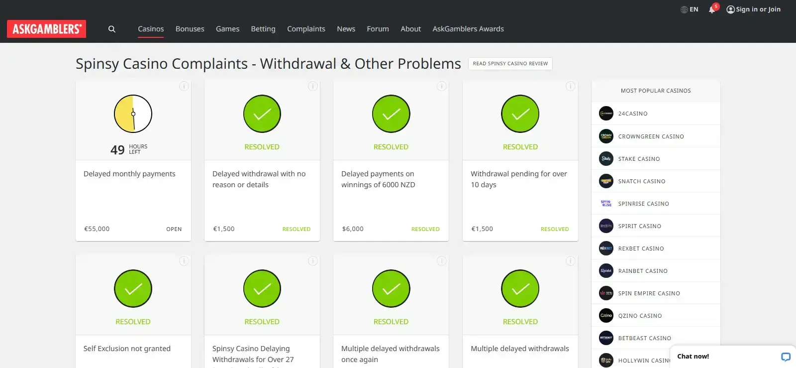 A current Spinsy complaint listing with complaint dates and statuses visible