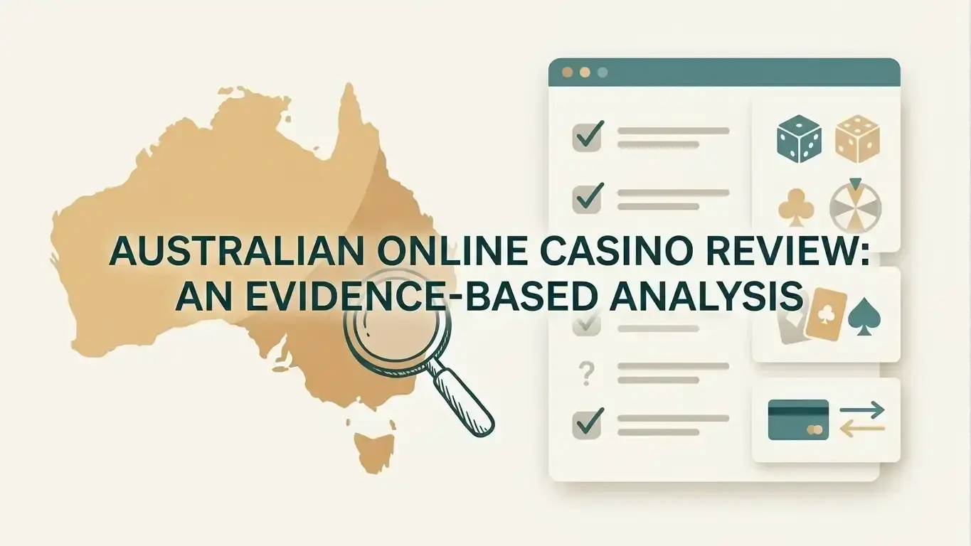 Editorial illustration of an Australian map, review checklist and neutral online casino interface motifs