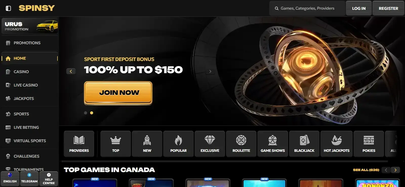 The current Spinsy casino homepage and main navigation