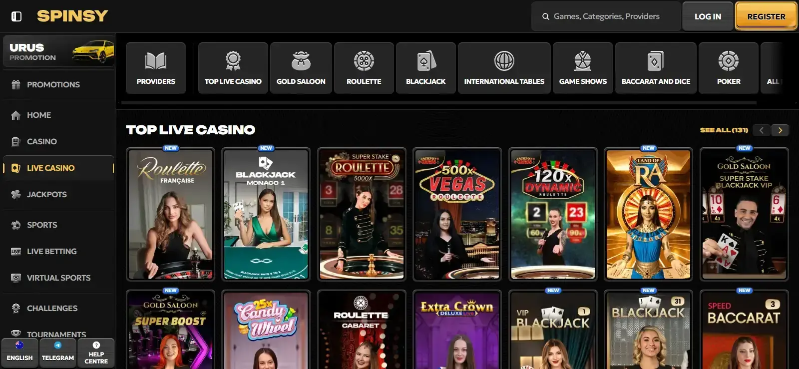 The current Spinsy live casino lobby showing dealer-game categories