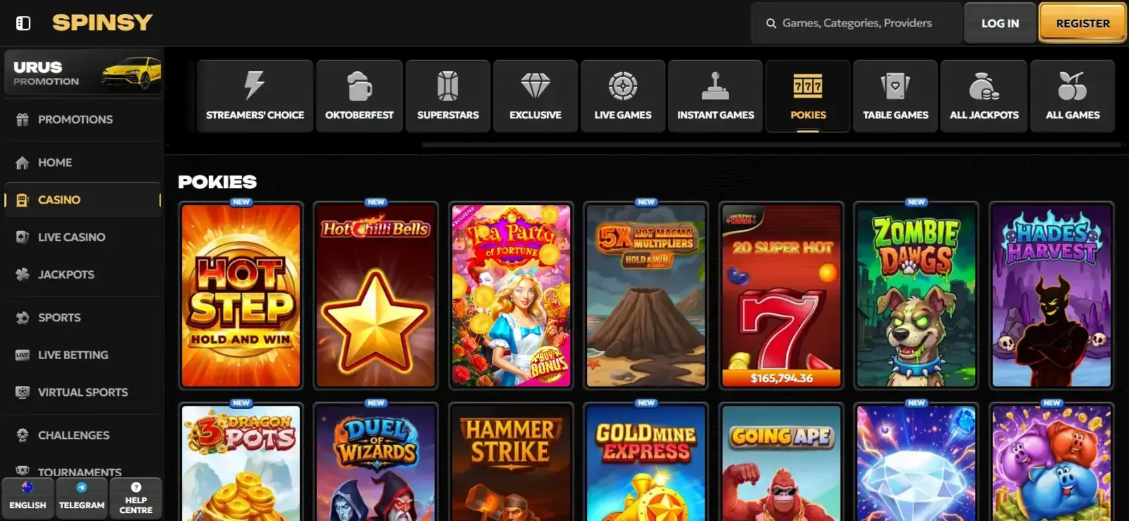 The current Spinsy pokies lobby with category filters visible