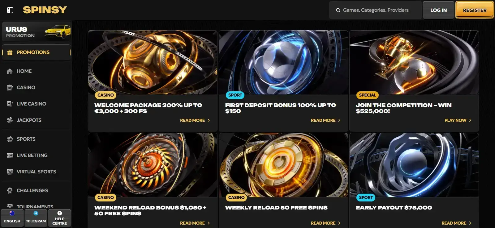 The current Spinsy promotions list showing recurring casino offers
