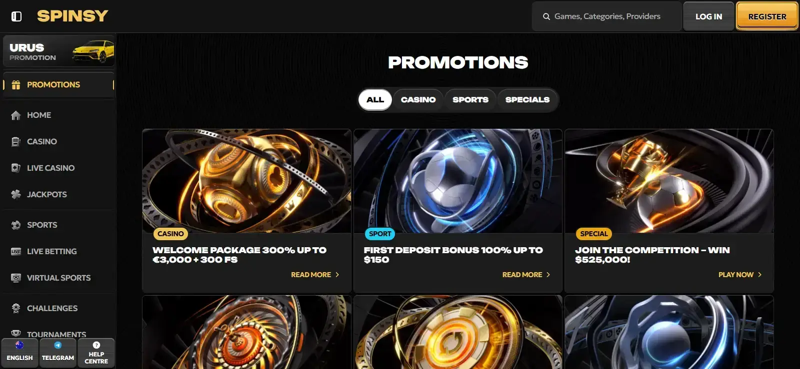 The current Spinsy promotions page showing casino welcome, reload and cashback offers