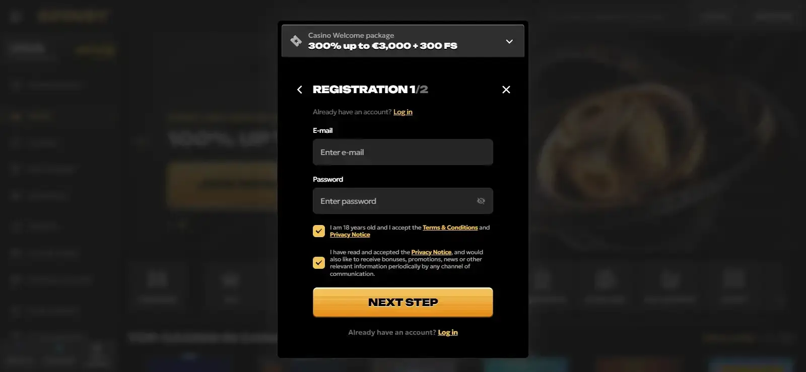 The current Spinsy registration form with live fields visible if accessible