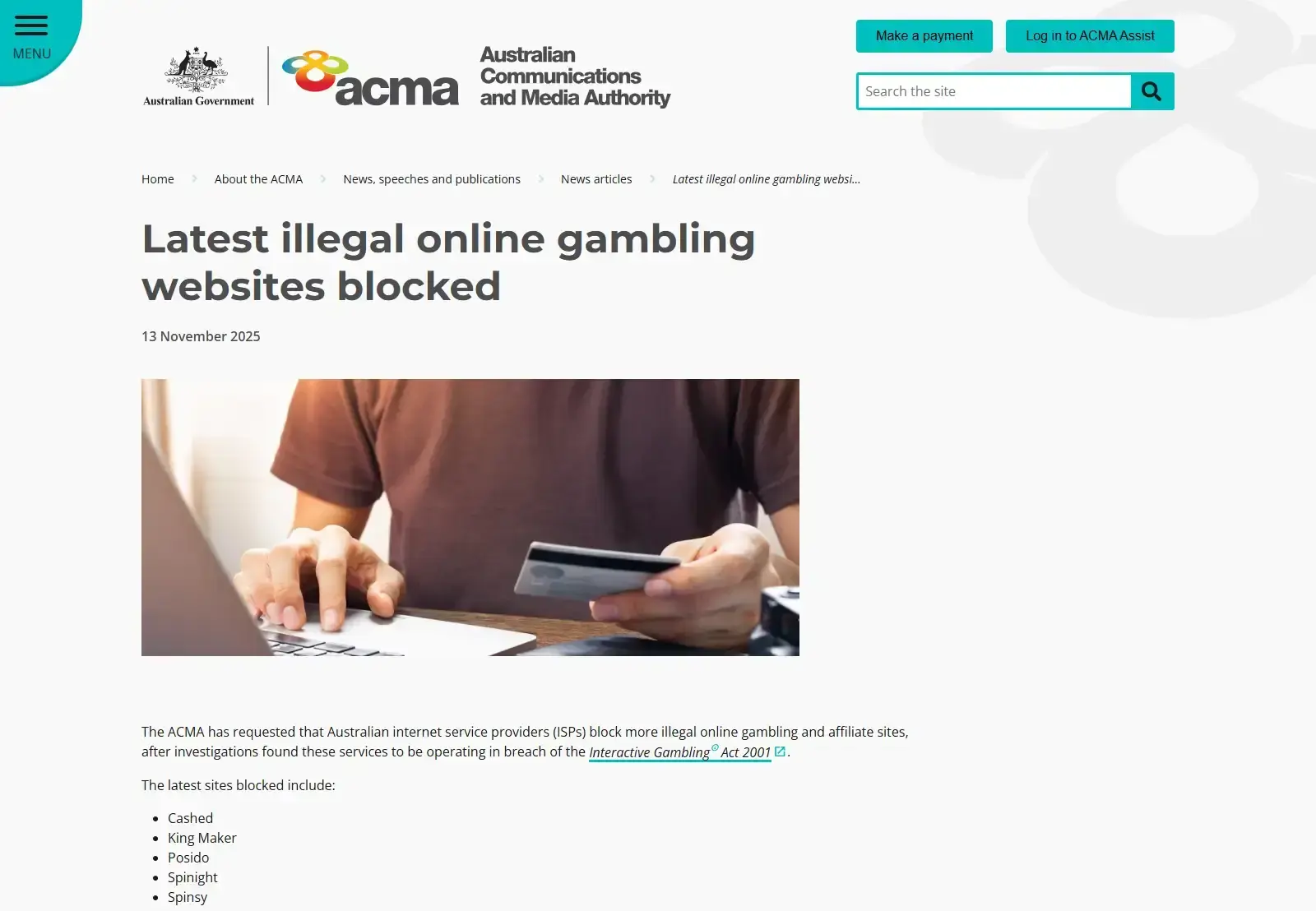 The ACMA notice naming Spinsy among websites requested for ISP blocking