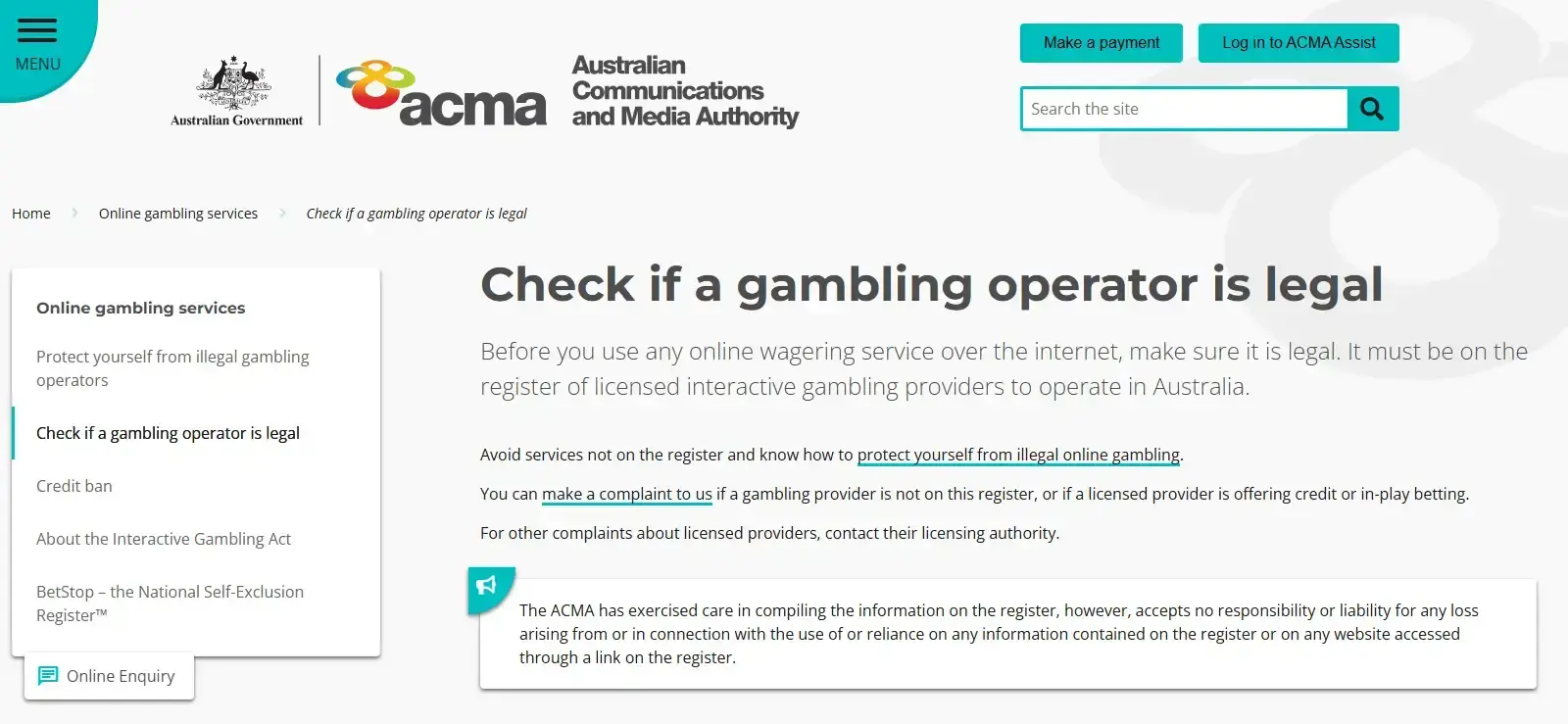 The official ACMA page for checking whether a gambling operator is legal in Australia
