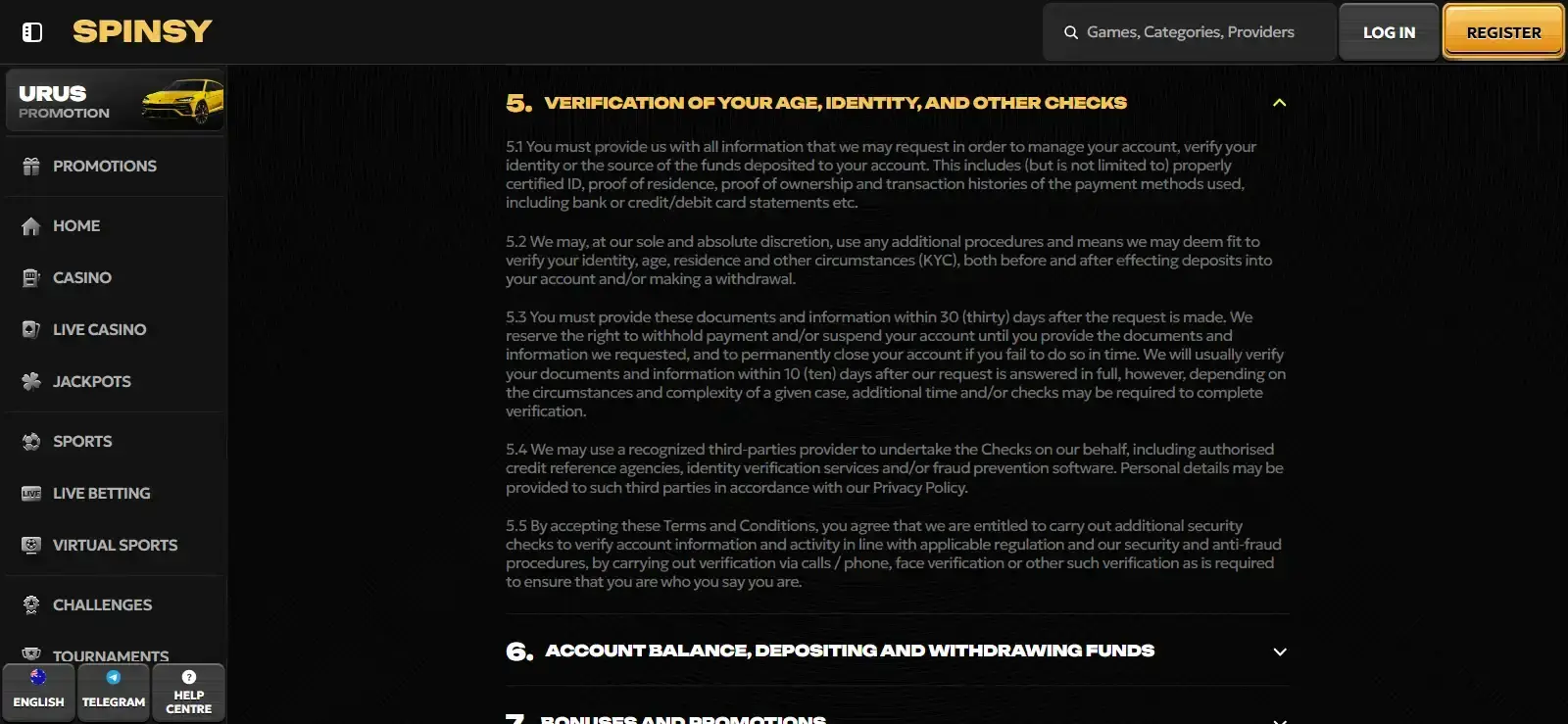 The official Spinsy Terms showing KYC document categories and timing clauses