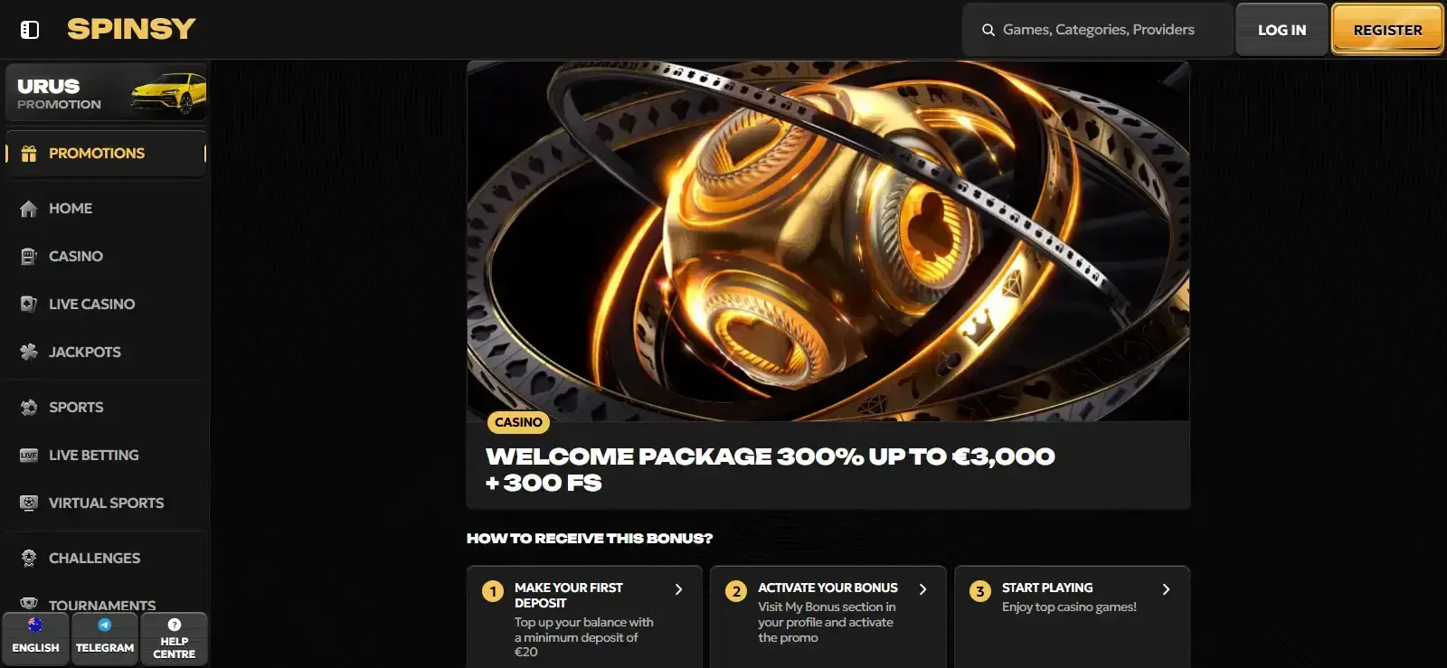 The official Spinsy welcome bonus page showing current Australian-dollar terms