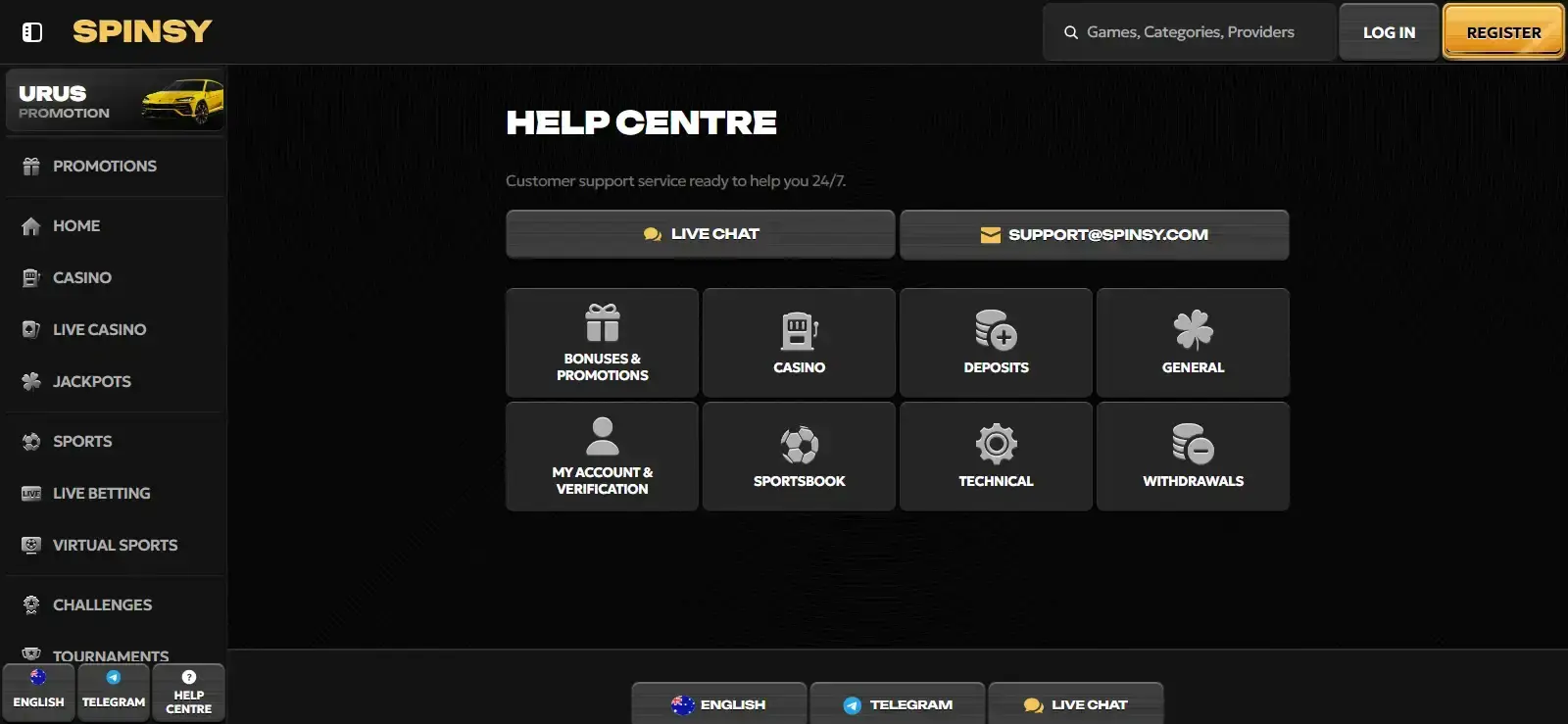 The Spinsy account or help interface showing official support access