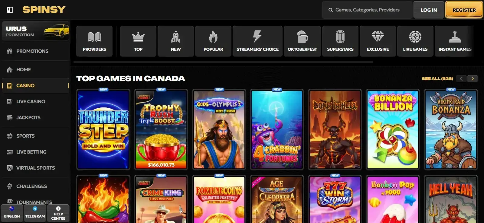 The Spinsy casino lobby showing game categories and current tiles