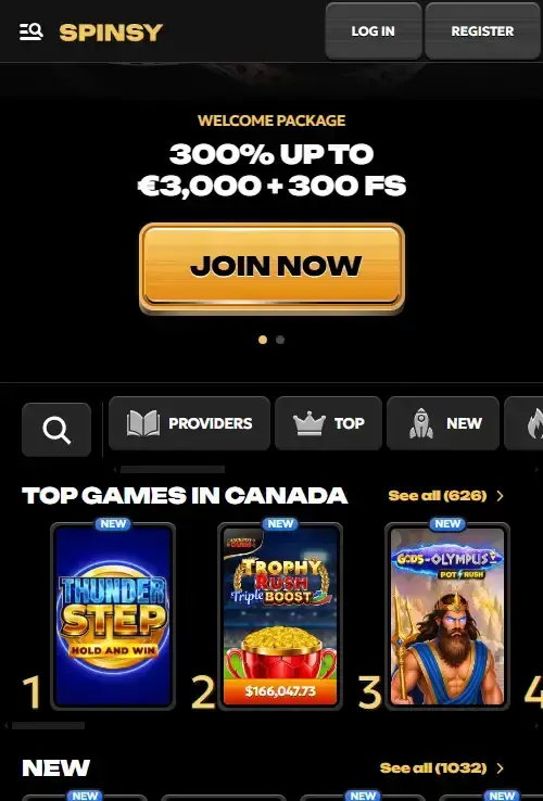 The Spinsy casino website displayed at a mobile browser viewport