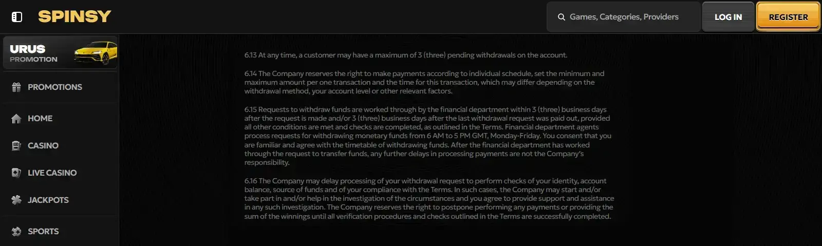 The Spinsy Terms showing withdrawal timing and pending request clauses